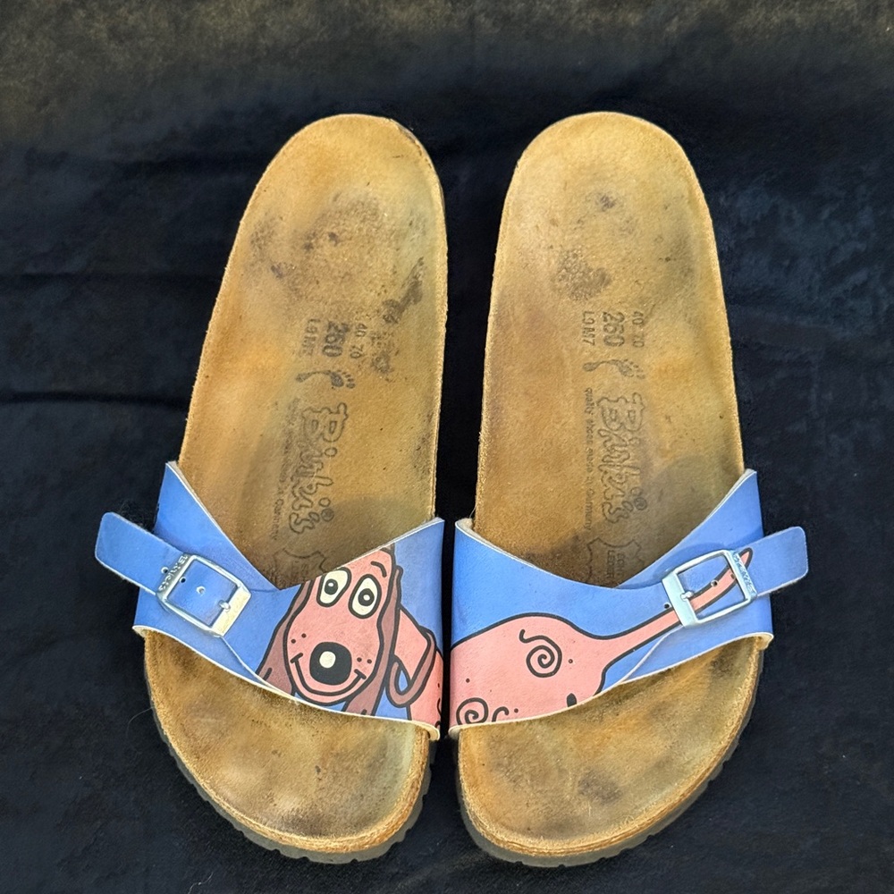 RARE, HARD TO FIND!! Blue Birkis Sandals with Cartoon Dachshund Design w9/m7